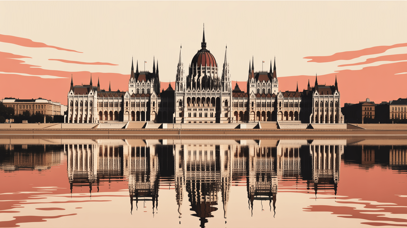 Budapest parlement reflet Danube au coucher du soleil