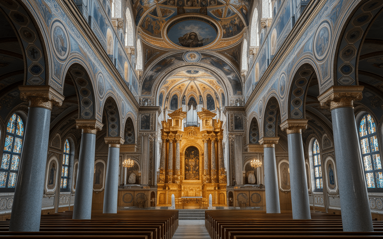 Intérieur artistique de la basilique Saint Étienne de Pest vitraux et mosaïques