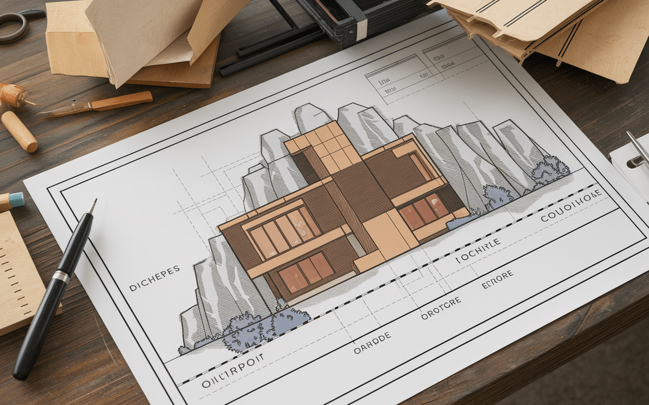 Coupe architecturale maison entre les rochers