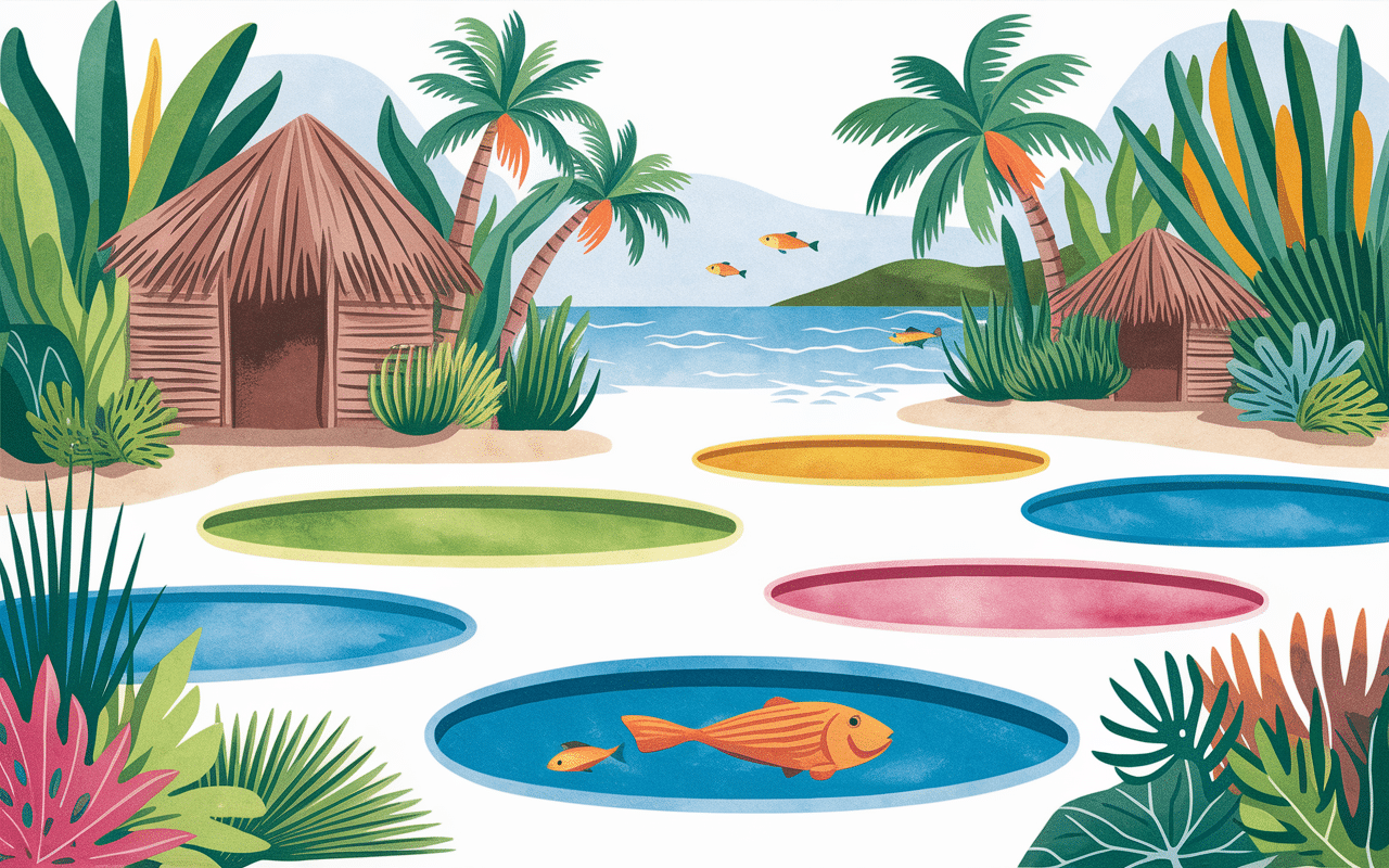 Lagon de Mataiva avec neuf bassins colorés et faune marine