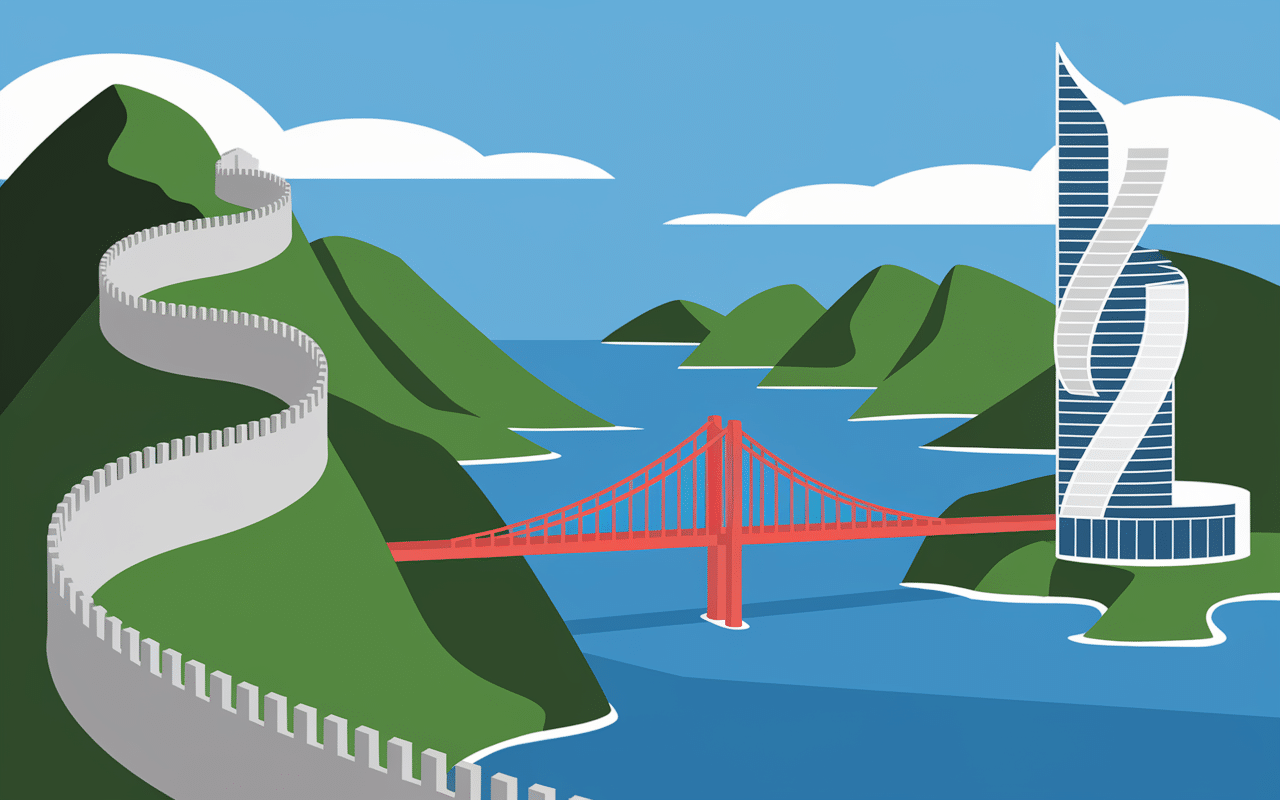 Grands monuments en g : muraille, pont rouge, musée spirale