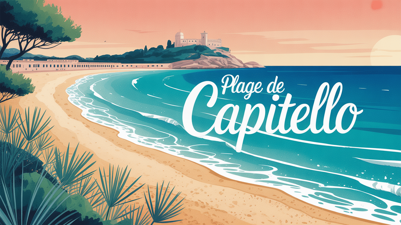 Illustration stylisée de la plage de Capitello au coucher du soleil