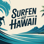 Surfen in Hawaii stylisierte Surfer Silhouette Welle Palmen