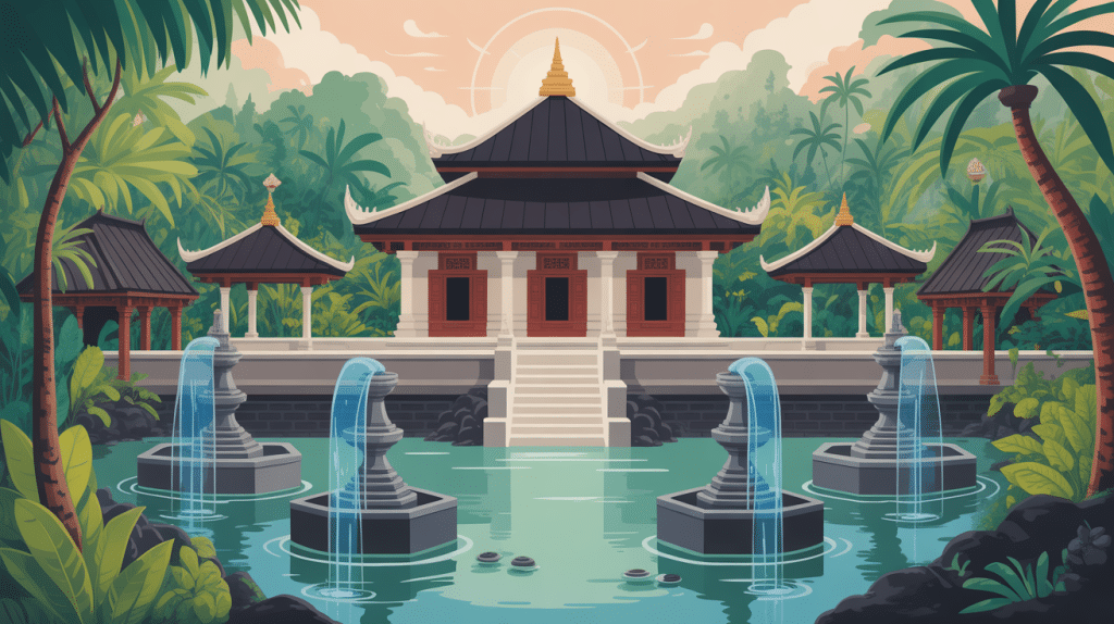 Temple tirta empul vue artistique avec bassins et jardins
