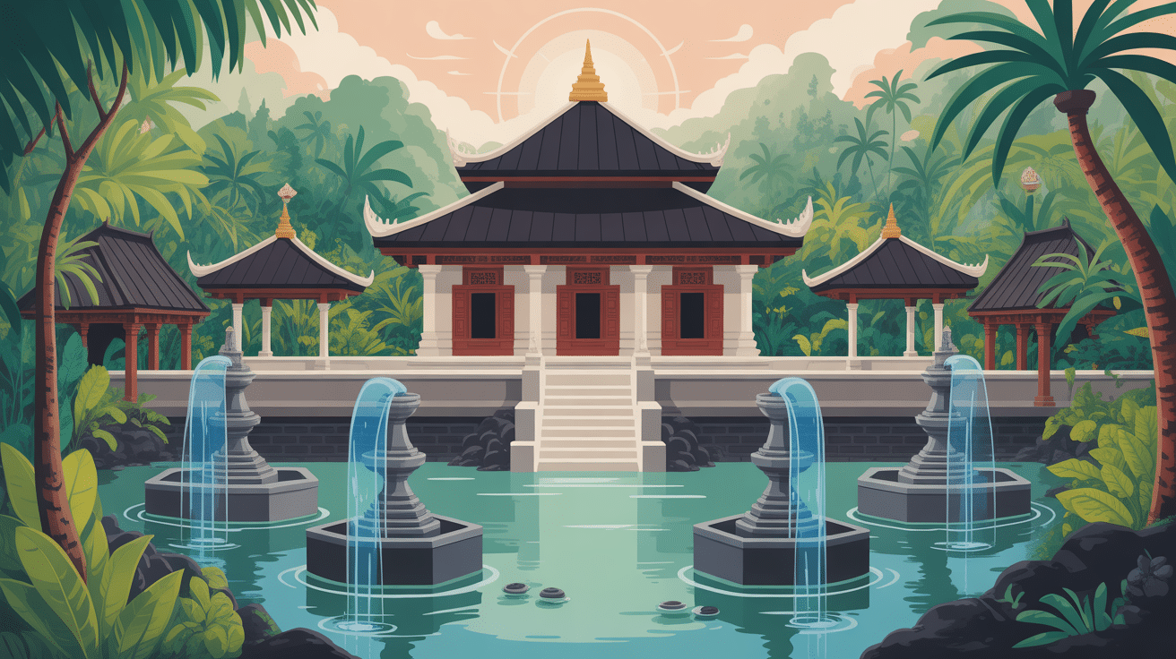 Temple tirta empul vue artistique avec bassins et jardins