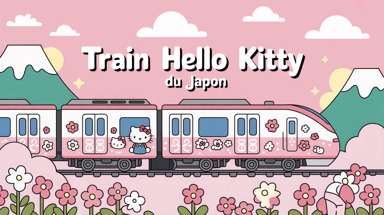 Train Hello Kitty Japon rose et blanc avec décorations kawaii