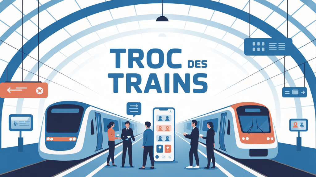 Illustration gare troc des trains avec voyageurs échangeant