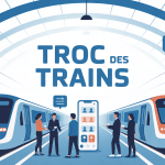 Illustration gare troc des trains avec voyageurs échangeant