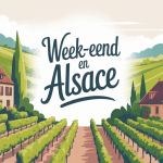 Illustration paysage week end Alsace maisons colombages vignobles