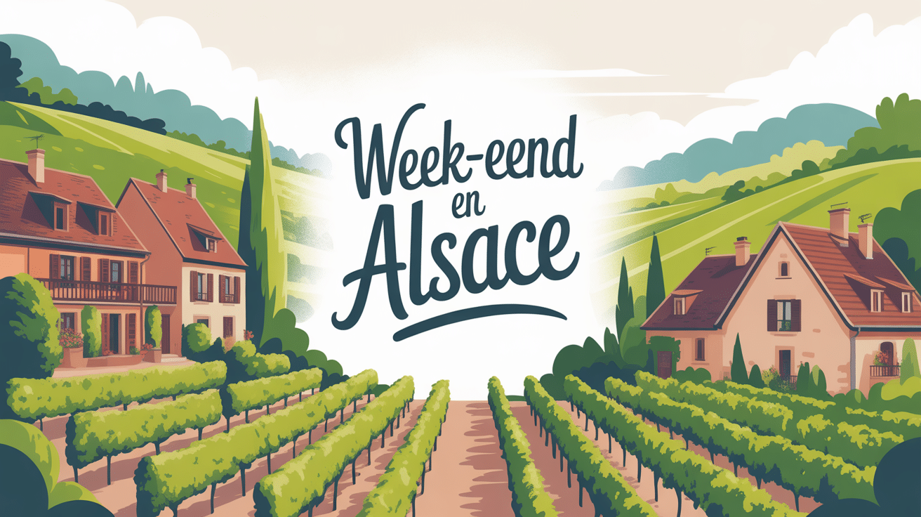 Illustration paysage week end Alsace maisons colombages vignobles