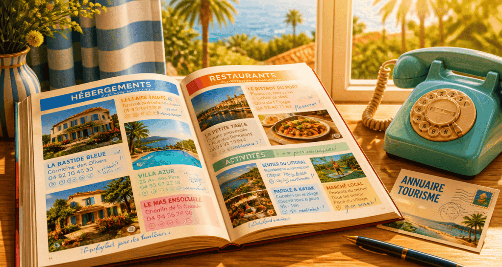 annuaire tourisme ouvert sur table ambiance Riviera