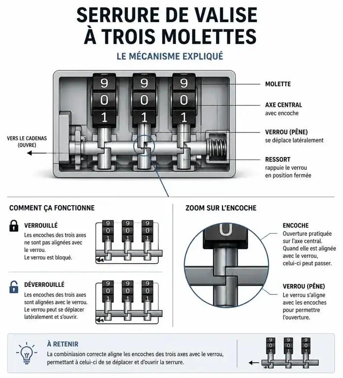 Schéma technique montrant comment trouver l'encoche d'une serrure de valise en cas de code oublié