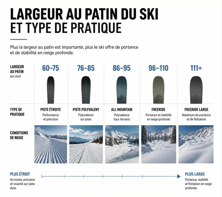 Infographie technique sur le choix du matériel de ski aventure selon la largeur au patin
