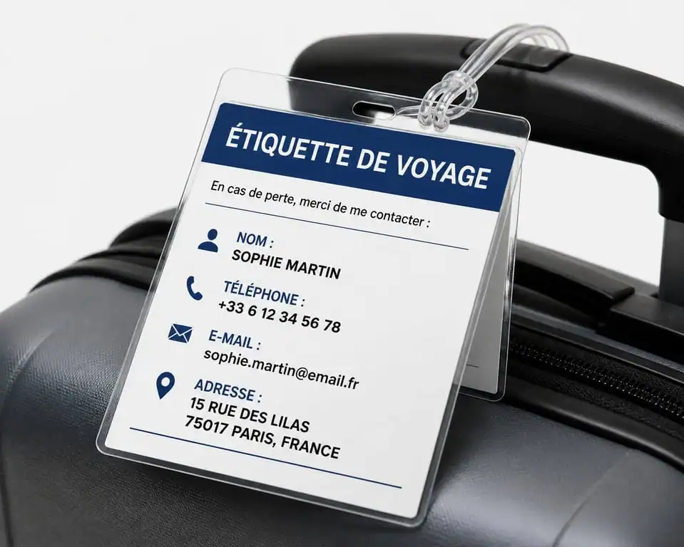 Étiquette valise à imprimer PDF fixée sur une poignée de bagage