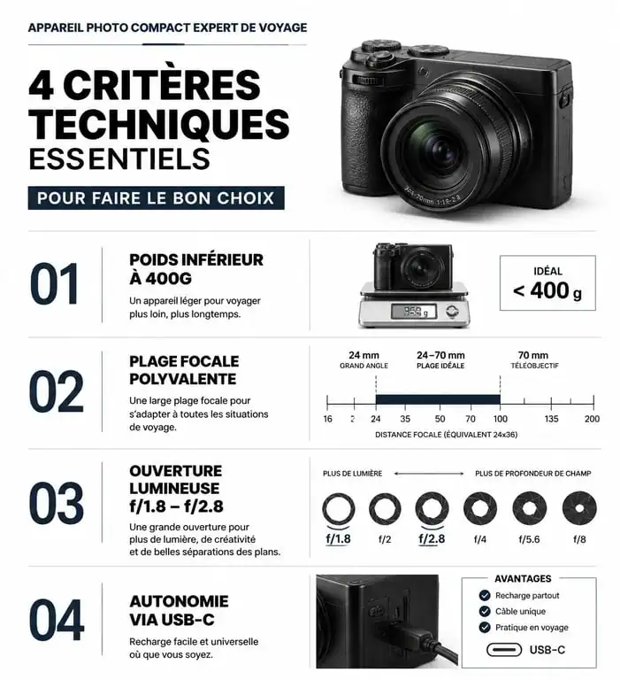 Infographie des critères techniques pour choisir le meilleur compact expert pour voyager