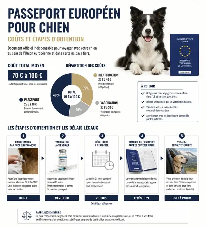Infographie des coûts et étapes pour obtenir un passeport européen pour chien