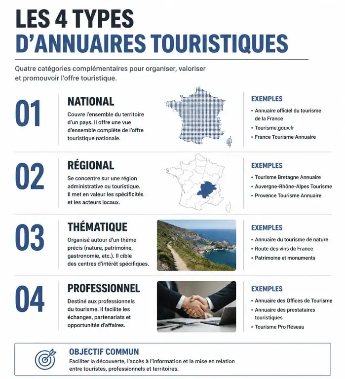 Infographie comparative des différents types d'annuaires tourisme pour organiser son séjour