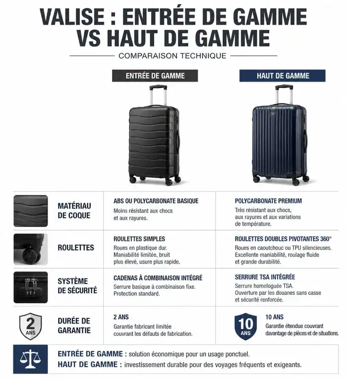 Comparatif technique des marques de valises : entrée de gamme vs haut de gamme pour bien choisir son bagage.