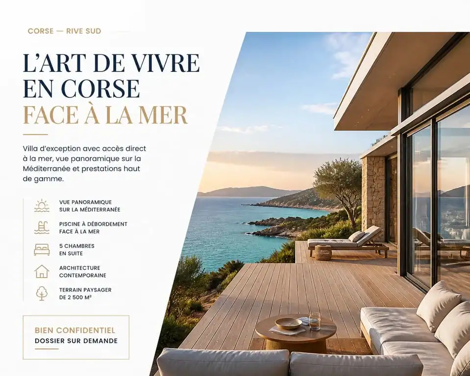 Villa de luxe en location en bord de mer en Corse avec vue panoramique sur la Méditerranée