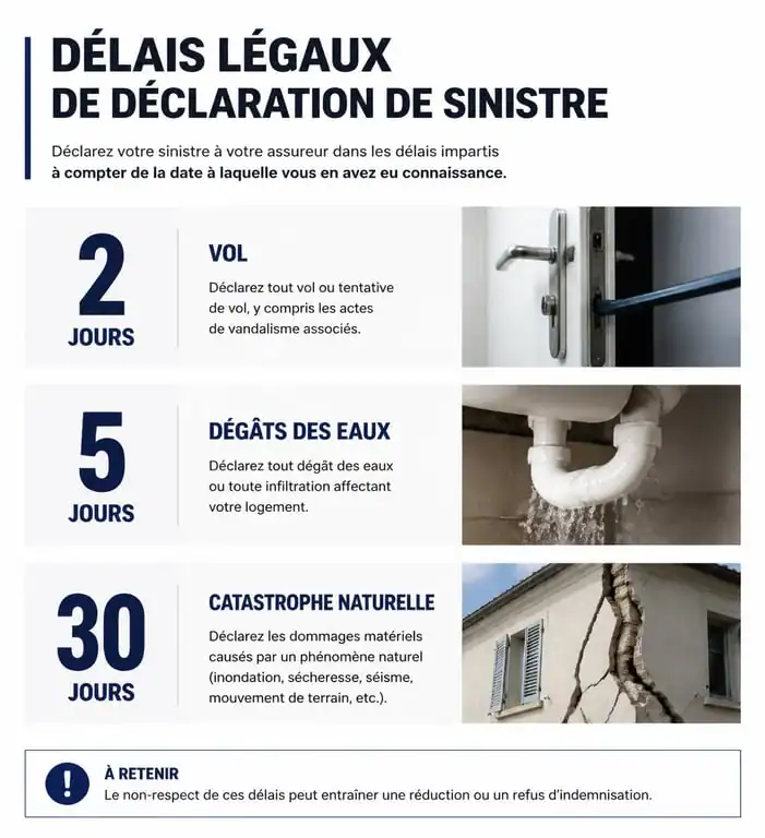 Infographie des délais légaux de déclaration de sinistre assurance : vol, dégâts des eaux et catastrophe naturelle