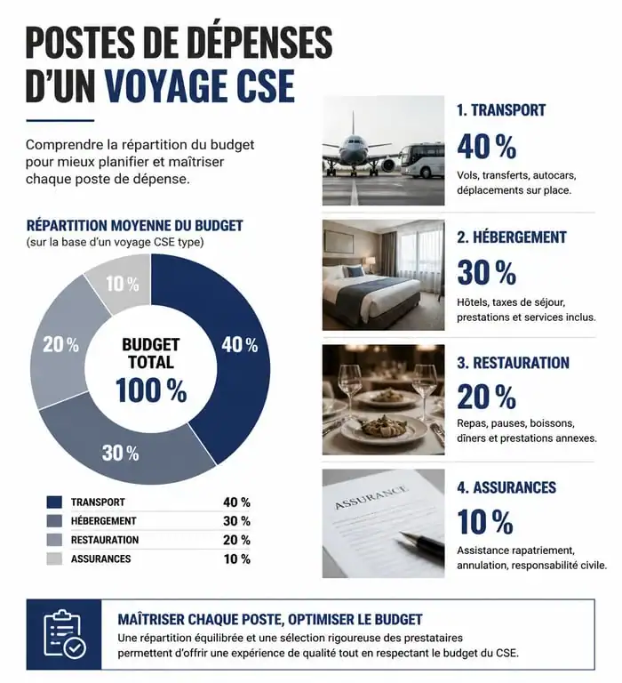 Infographie des postes de dépenses pour l'organisation d'un voyage CSE