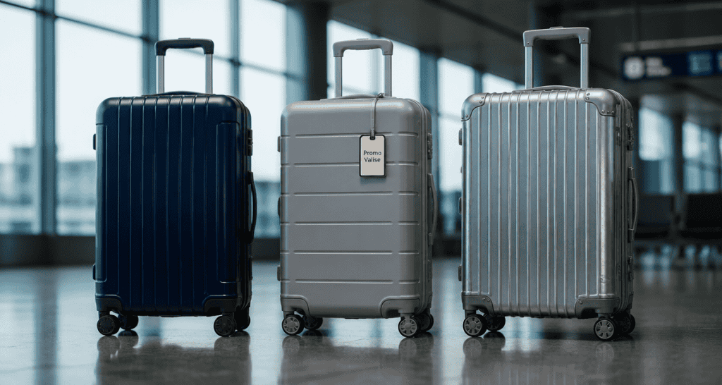 promo valise trois bagages durables alignés aéroport