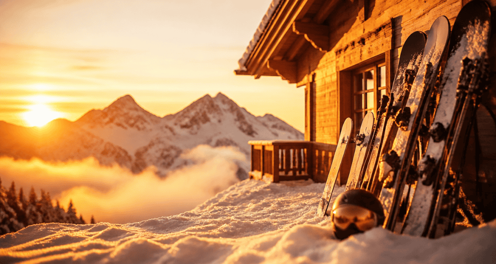 Ski aventure équipement devant chalet montagne