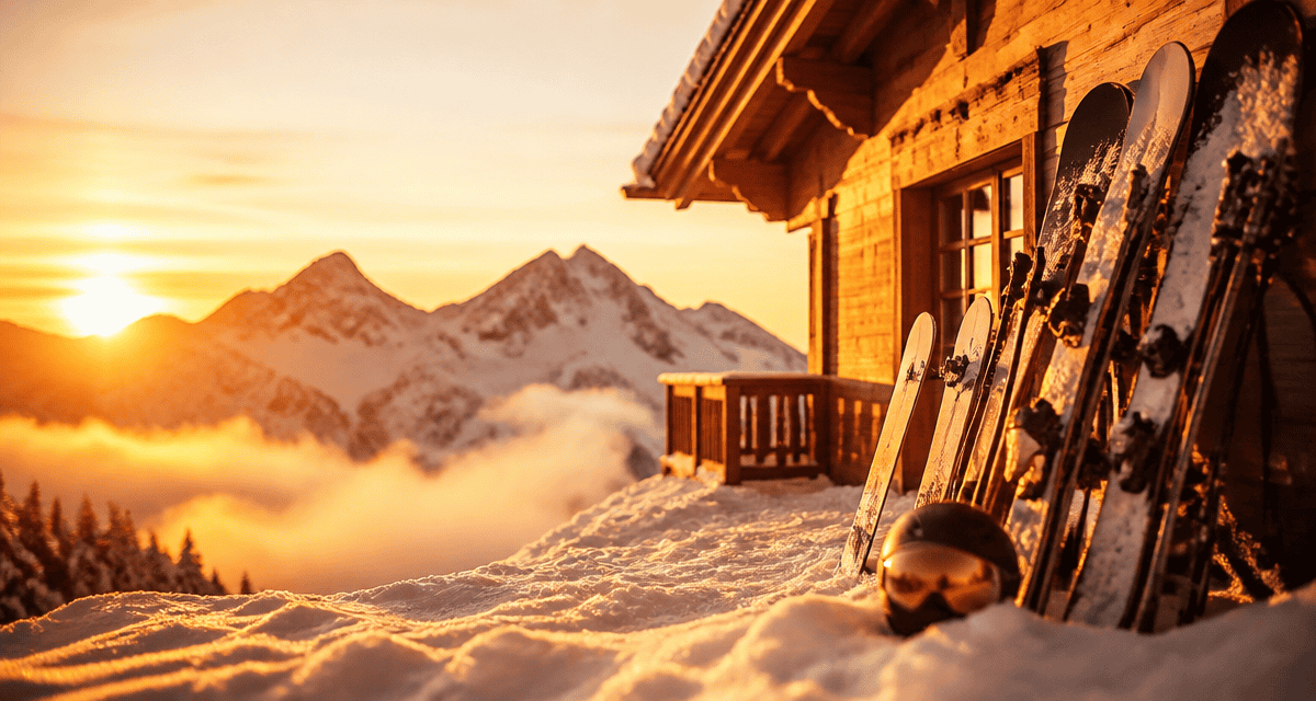 Ski aventure équipement devant chalet montagne