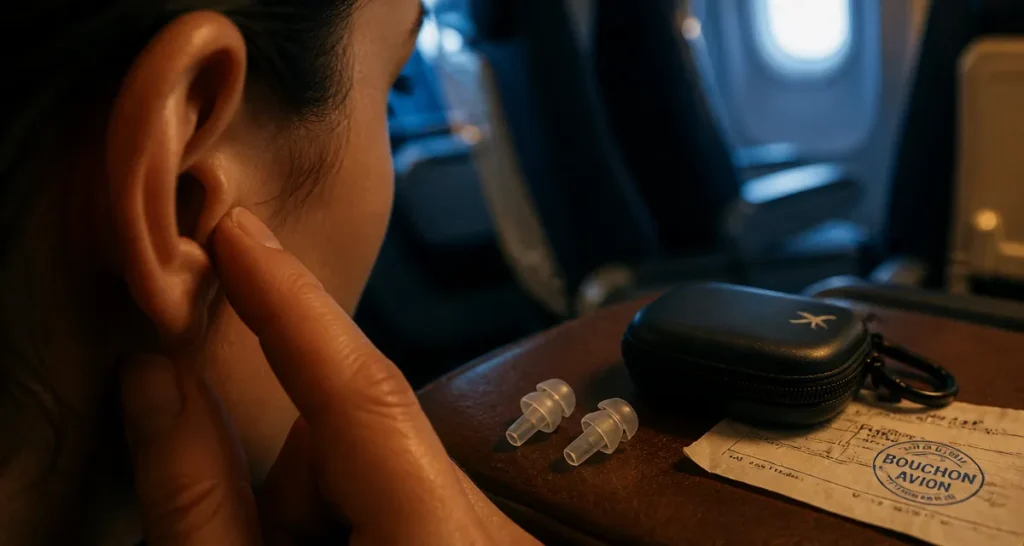 bouchon d oreille avion sur tablette cuir, prêt à prévenir la douleur et le barotraumatisme