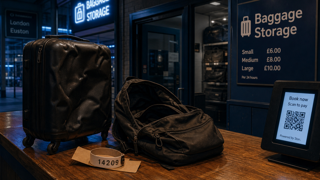 Consigne bagage Londres : valise et sac près d’une gare, service de stockage