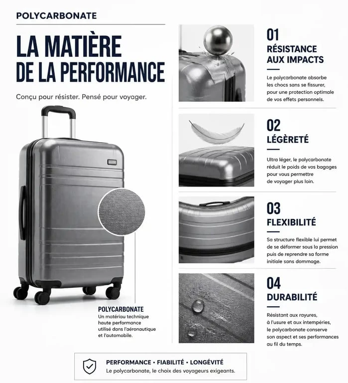 Infographie des avantages techniques d'une valise polycarbonate pour le voyage