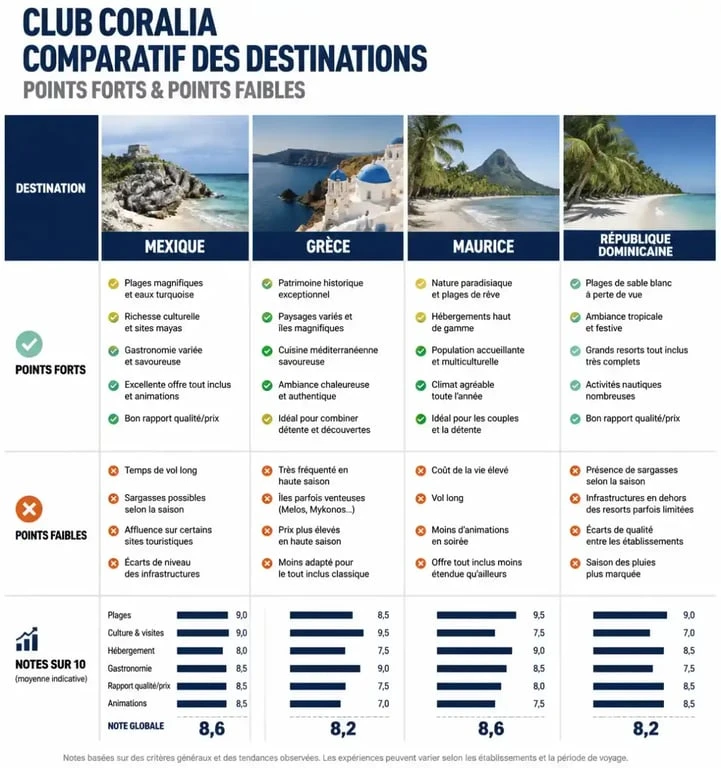 Infographie comparative des destinations Club Coralia : avis et points forts par hôtel