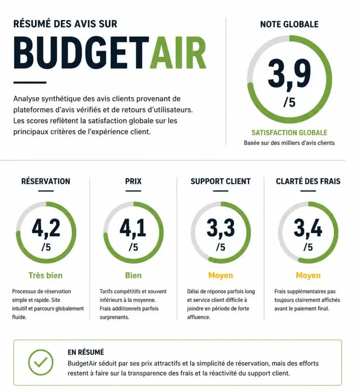 Infographie récapitulative des avis sur BudgetAir : points forts et points faibles