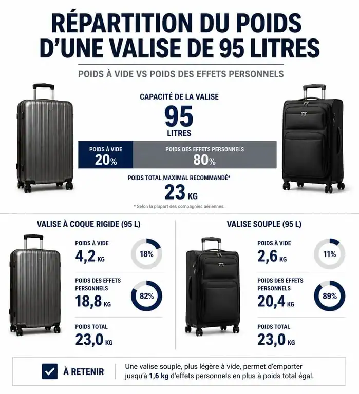Infographie montrant la répartition du poids d'une valise de 95 litres et combien de kg elle peut contenir selon le type de bagage