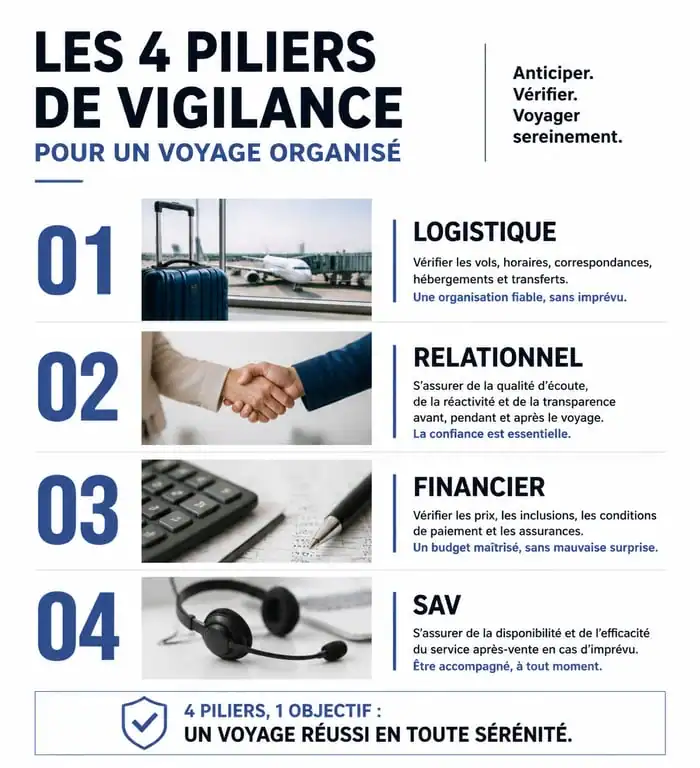 Infographie des points de vigilance pour les avis sur Copines de Voyage