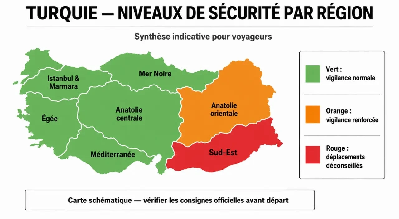 Carte des niveaux de sécurité et zones à risque pour voyager en Turquie en toute sérénité