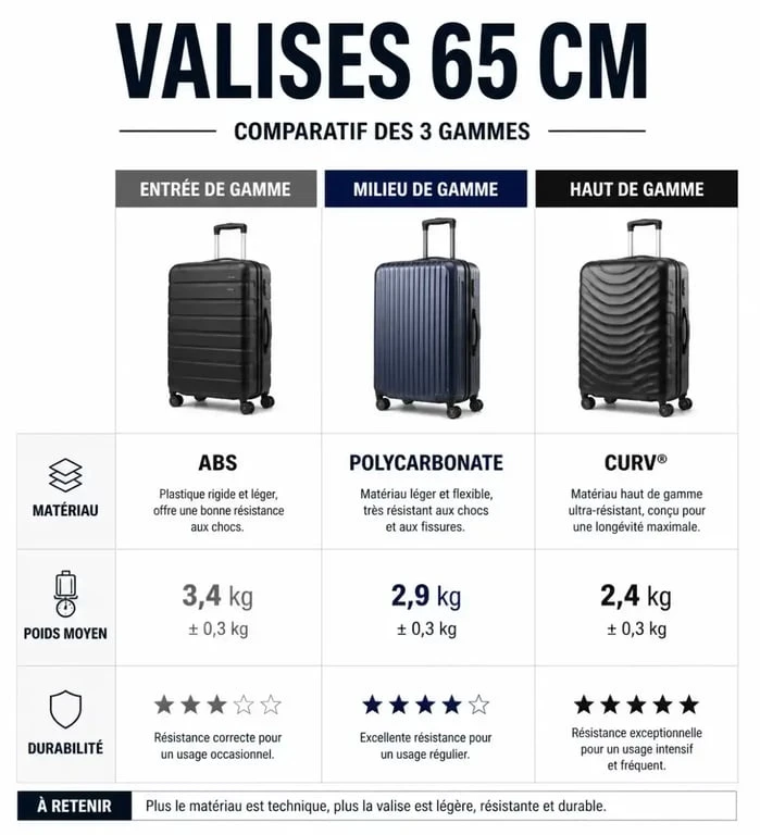 Infographie comparative des caractéristiques techniques pour choisir une valise 65 cm adaptée à vos besoins de voyage