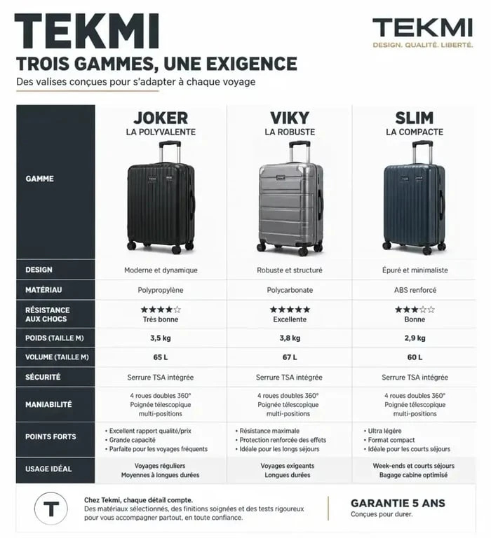 Comparatif des gammes de valises Tekmi : Joker, Viky et Slim pour choisir son bagage idéal
