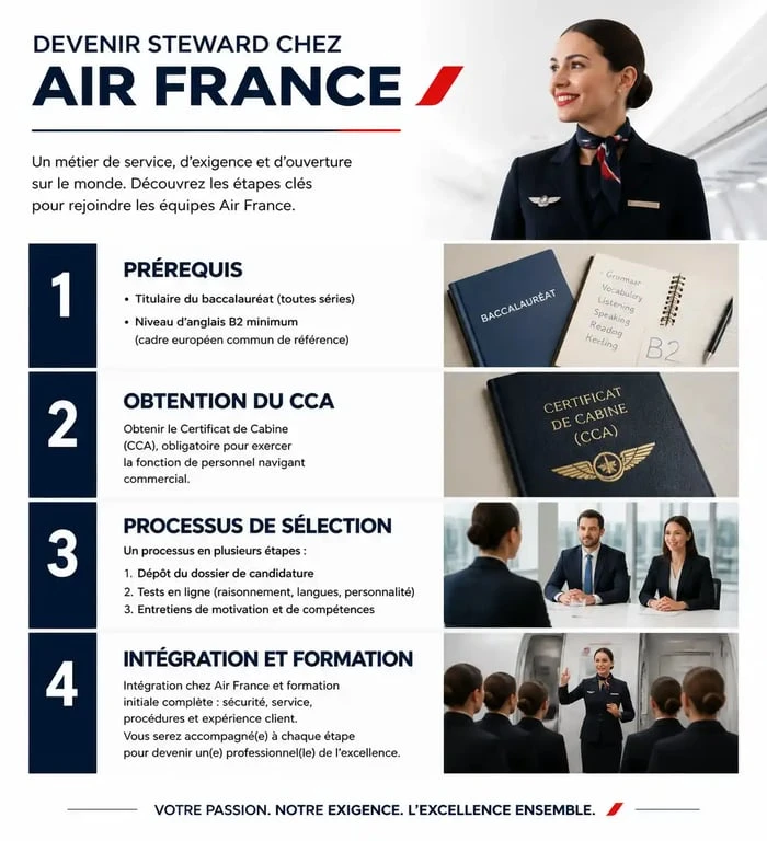 Infographie des étapes pour devenir steward chez Air France et intégrer le personnel navigant commercial.