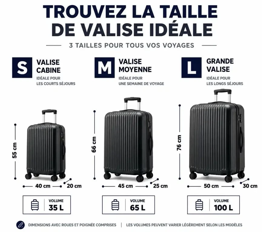 Comparatif visuel des dimensions et volumes des valises : valise cabine, valise moyenne et grande valise pour bien choisir son bagage.