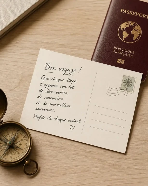 Carte postale manuscrite et accessoires de voyage pour souhaiter un bon voyage à un proche