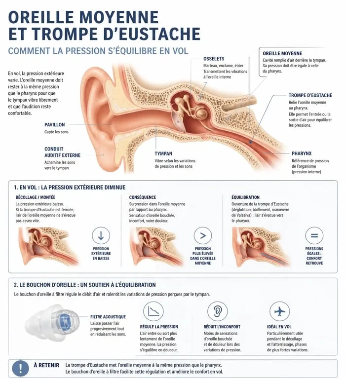 Schéma explicatif du fonctionnement des bouchons d'oreille avion pour prévenir le barotraumatisme.