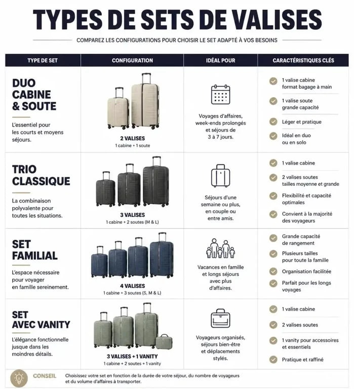 Infographie comparative des différents types de sets de valise pour choisir le bagage adapté à son voyage