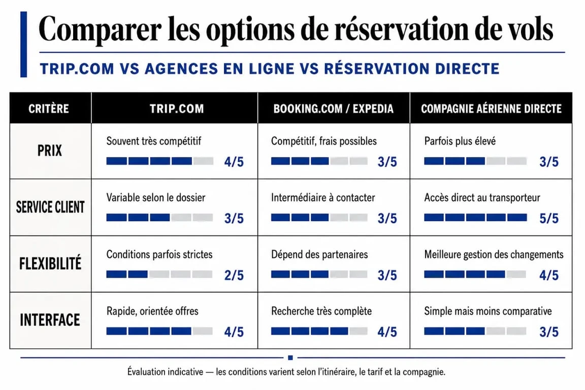 Tableau comparatif des avis et services de Trip.com par rapport aux concurrents pour une réservation de voyage.