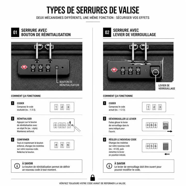 Schéma explicatif des différents mécanismes de serrure pour changer le code d'une valise