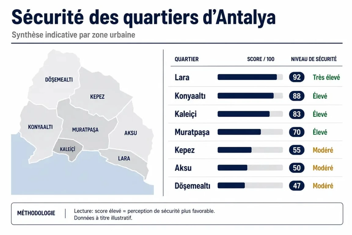 Infographie des niveaux de sécurité par quartier à Antalya pour les touristes
