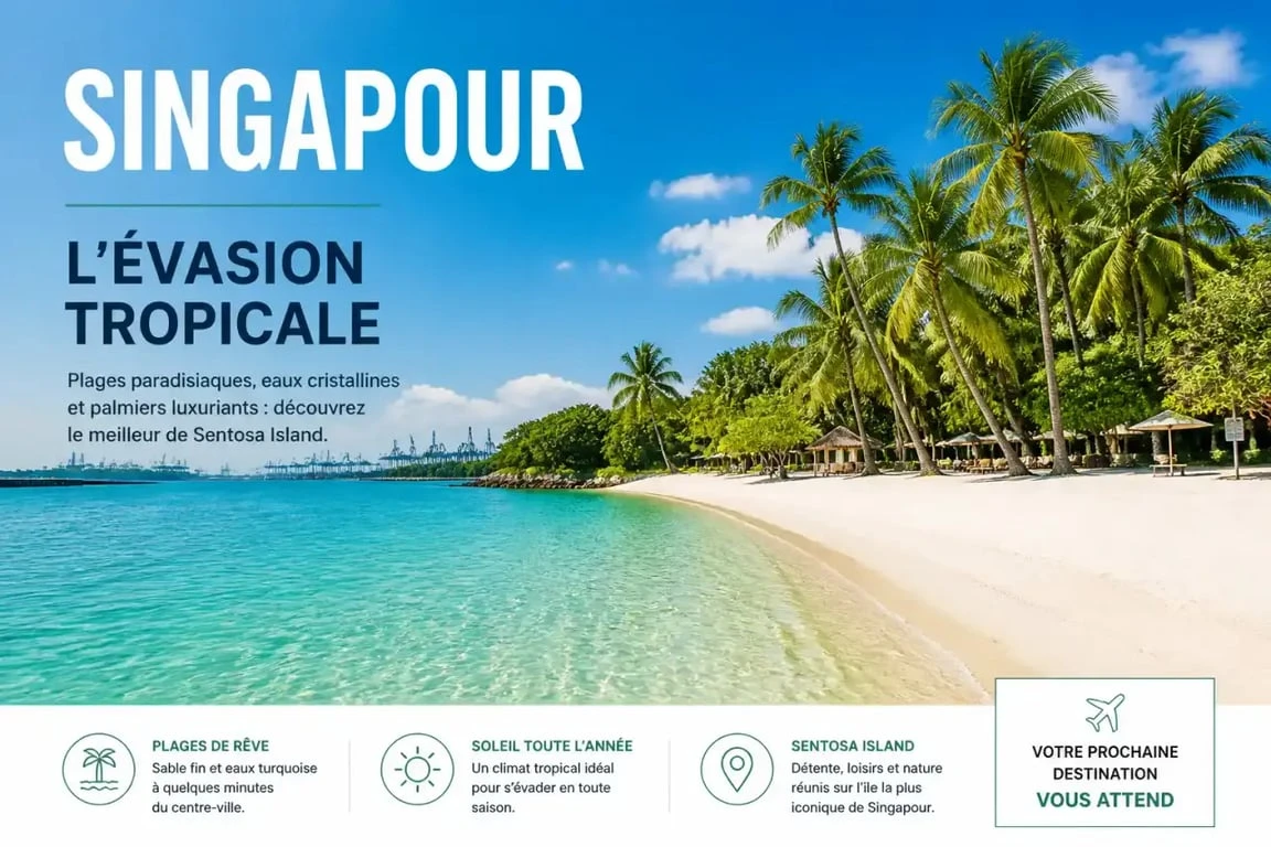Plage paradisiaque à Singapour, Lazarus Island, sable blanc et eau turquoise.