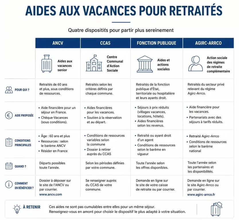 Tableau comparatif des aides aux vacances pour les retraités : ANCV, CCAS et chèque-vacances Agirc-Arrco