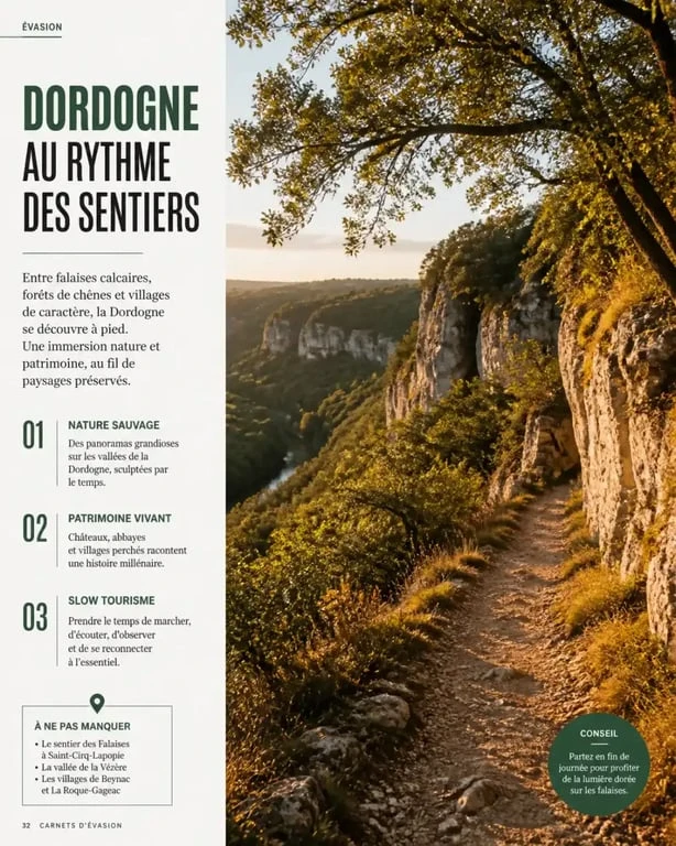 Sentier de randonnée pittoresque à travers les falaises et forêts pour découvrir les plus belles randonnées en Dordogne.