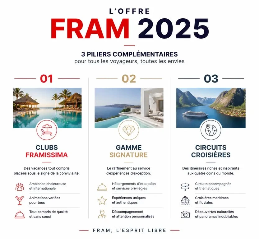 Infographie récapitulative des offres du catalogue FRAM 2025 : Clubs, Signature et Circuits.